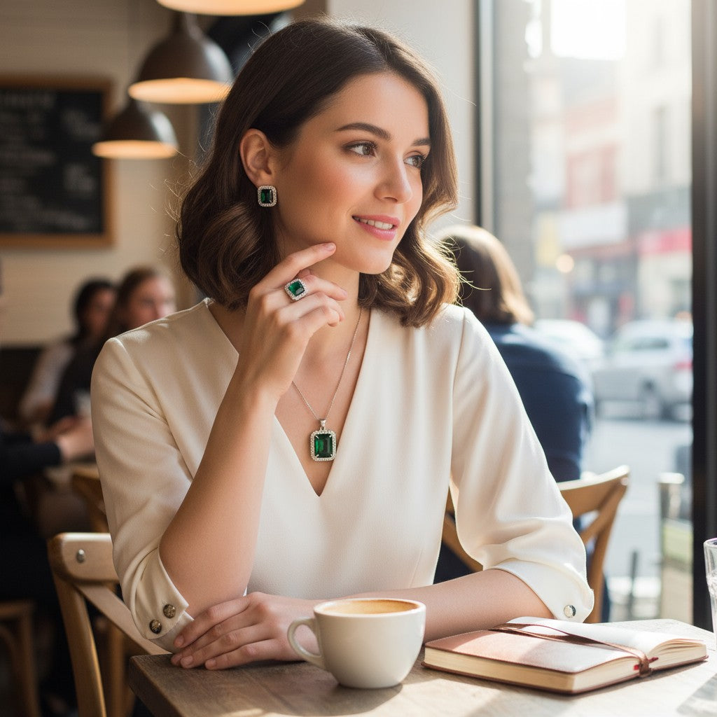 💚 Timeless Emerald Elegance 💚!! Elegant Silver Jewelry Set with Green Gemstone Pendant Necklace, Earrings, and Matching Ring