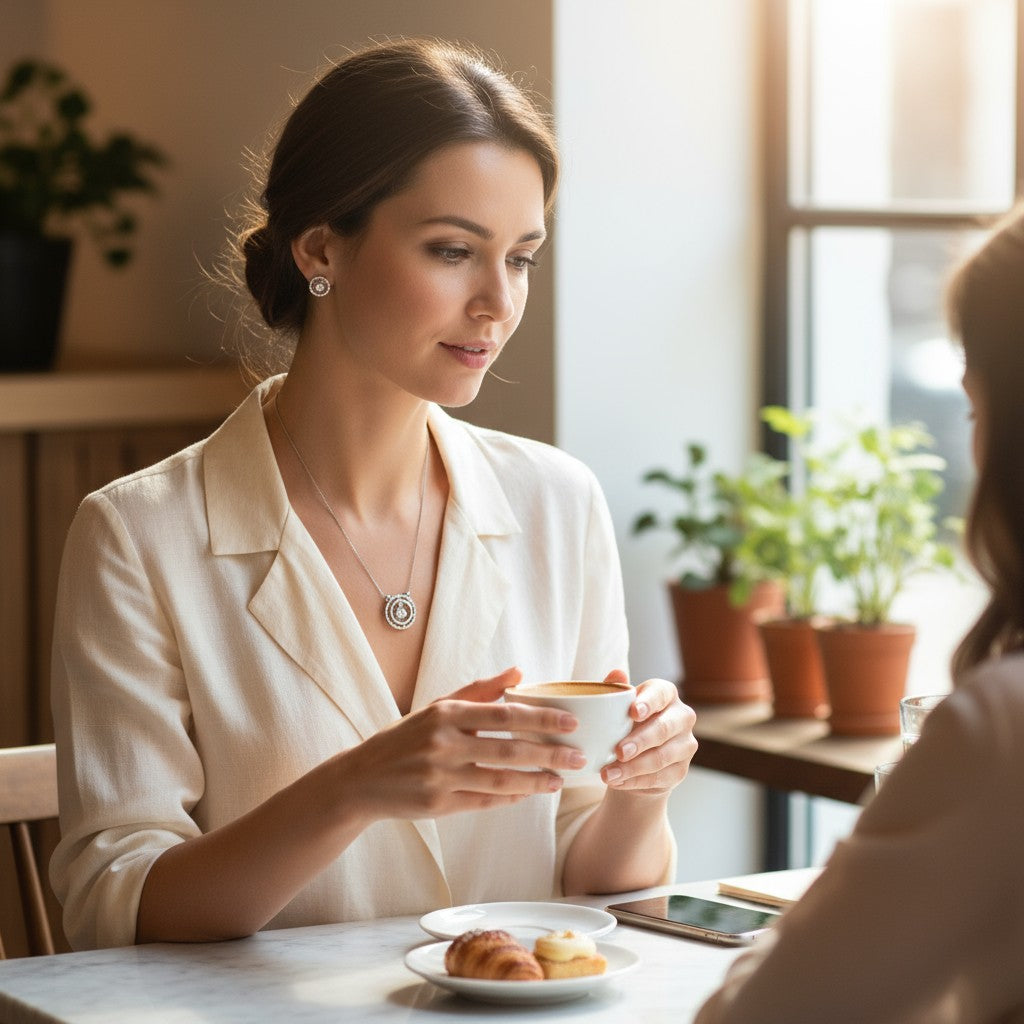 🤍 Crystal Elegance Set 🤍!! Elegant Silver Jewelry Set with White Crystal Round Gemstone Pendant Necklace and Matching Earrings