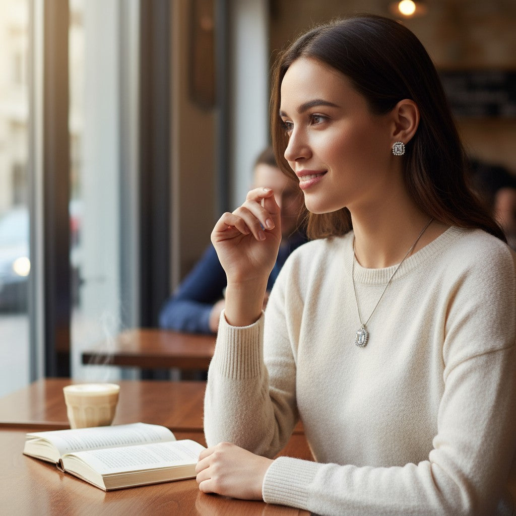 ✨ Timeless White Elegance ✨!!  Elegant Silver Jewelry Set with White Gemstone Pendant Necklace and Matching Earrings