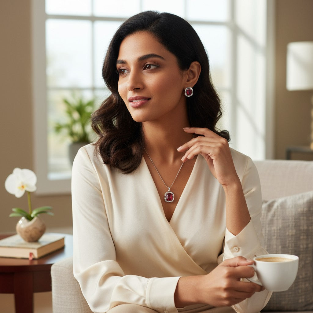 ❤️ Regal Ruby Glow ❤️!! Elegant Silver Jewelry Set with Ruby Gemstone Pendant Necklace and Matching Earrings