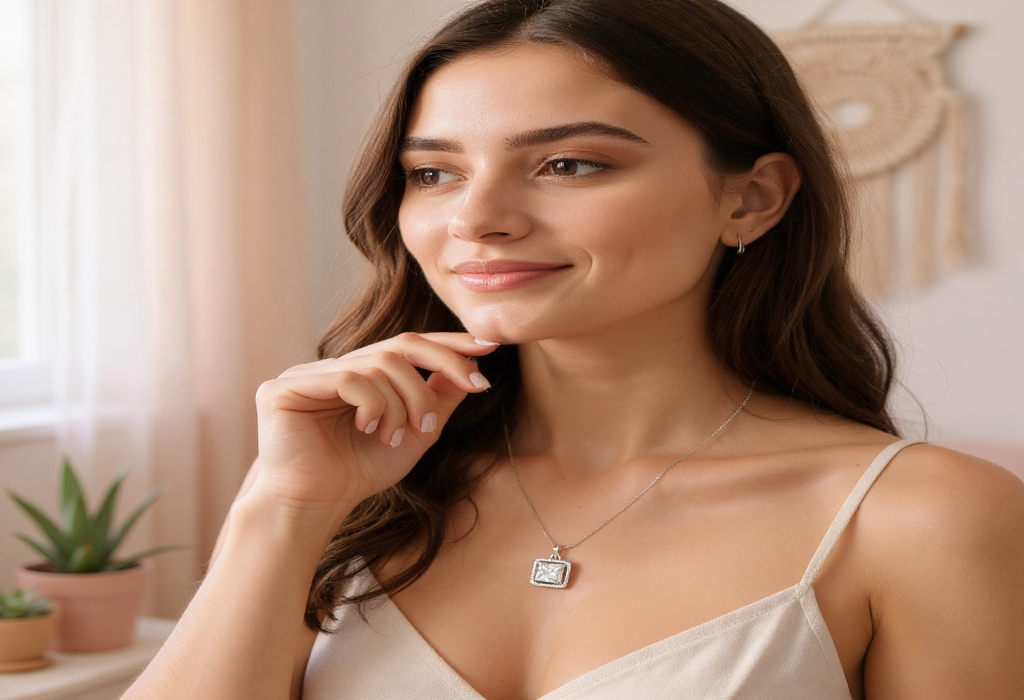 🤍 Diamond Glow Set 🤍!! Elegant Silver Jewelry Set with Square-Cut White Crystal Pendant Necklace and Matching Earrings