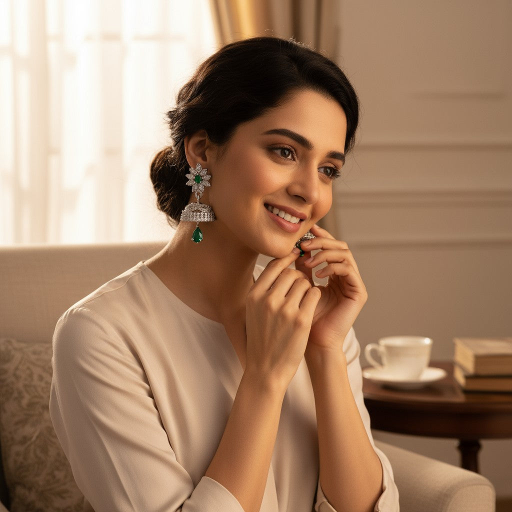 💚 Sparkling Green Stone Jhumka Earrings 💚