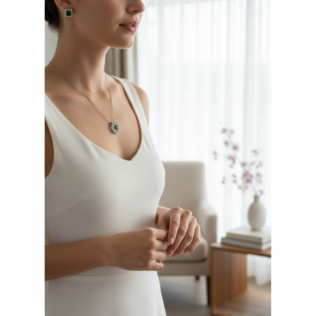 💚 Emerald Elegance Set 💚!! Elegant Silver Jewelry Set with Emerald Green Round Gemstone Pendant Necklace and Matching Earrings