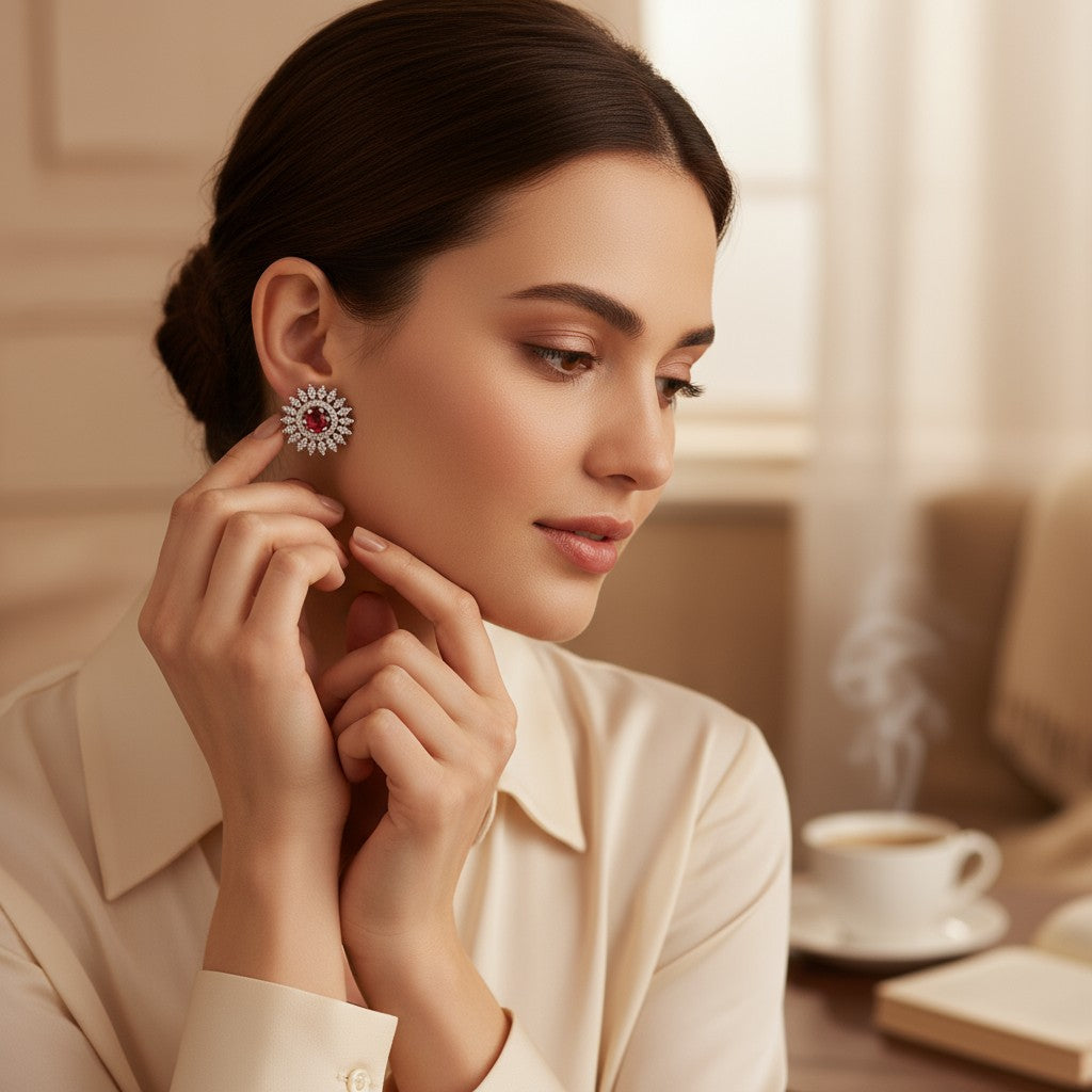 ❤️ Red Stone Diamond Floral Earrings