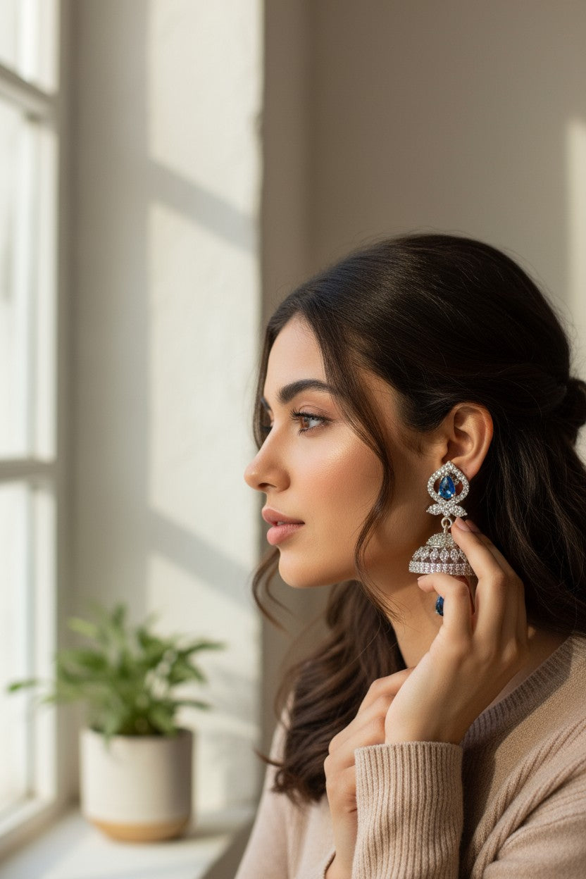 💙 Sparkling Blue Stone Jhumka Earrings 💙