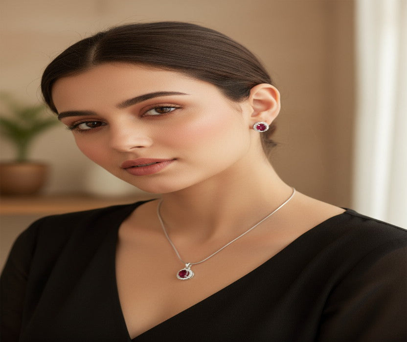Ruby Glow Silver Pendant Set ❤️