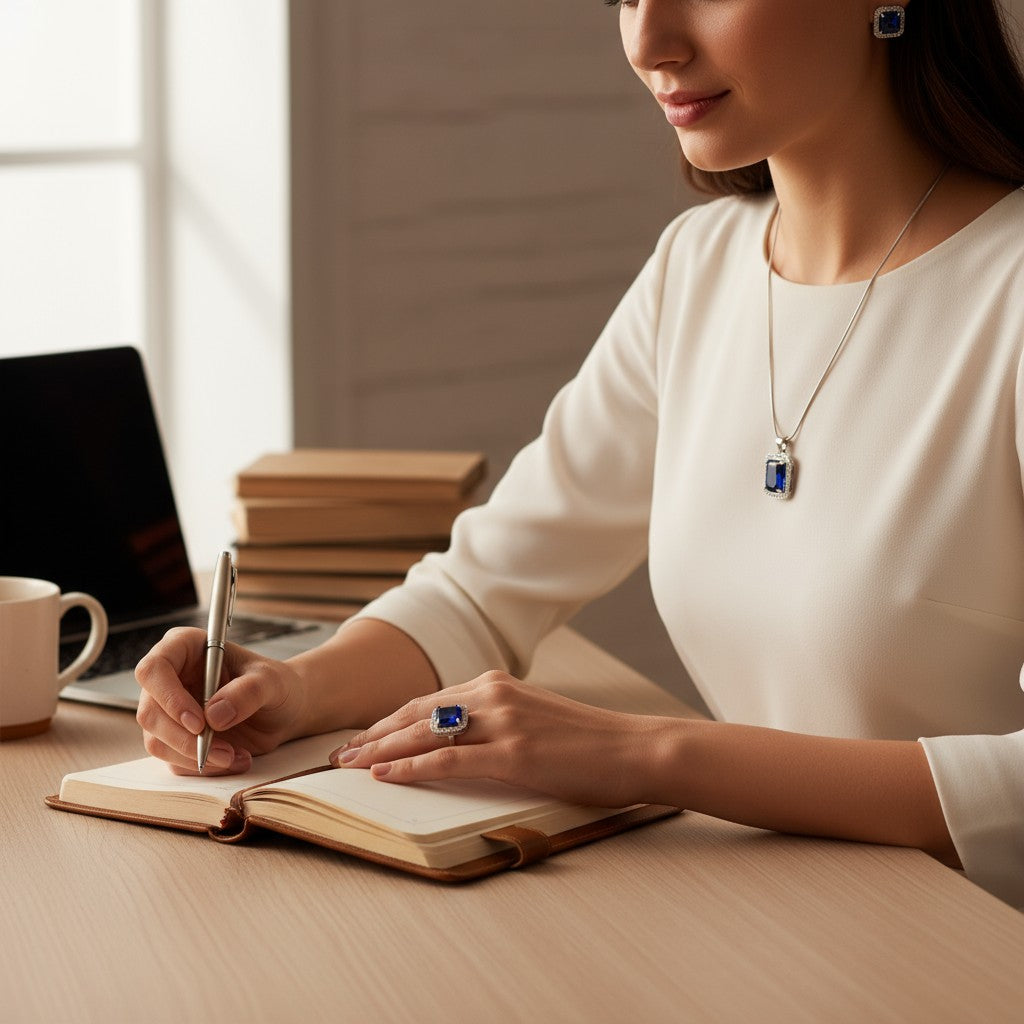 💙 Classic Blue Radiance 💙!! Elegant Silver Jewelry Set with Blue Gemstone Pendant Necklace, Earrings, and Matching Ring