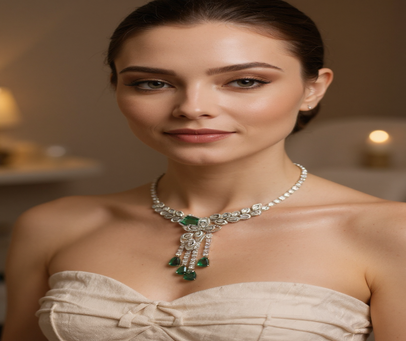 💚 Green Stone Diamond Necklace Set