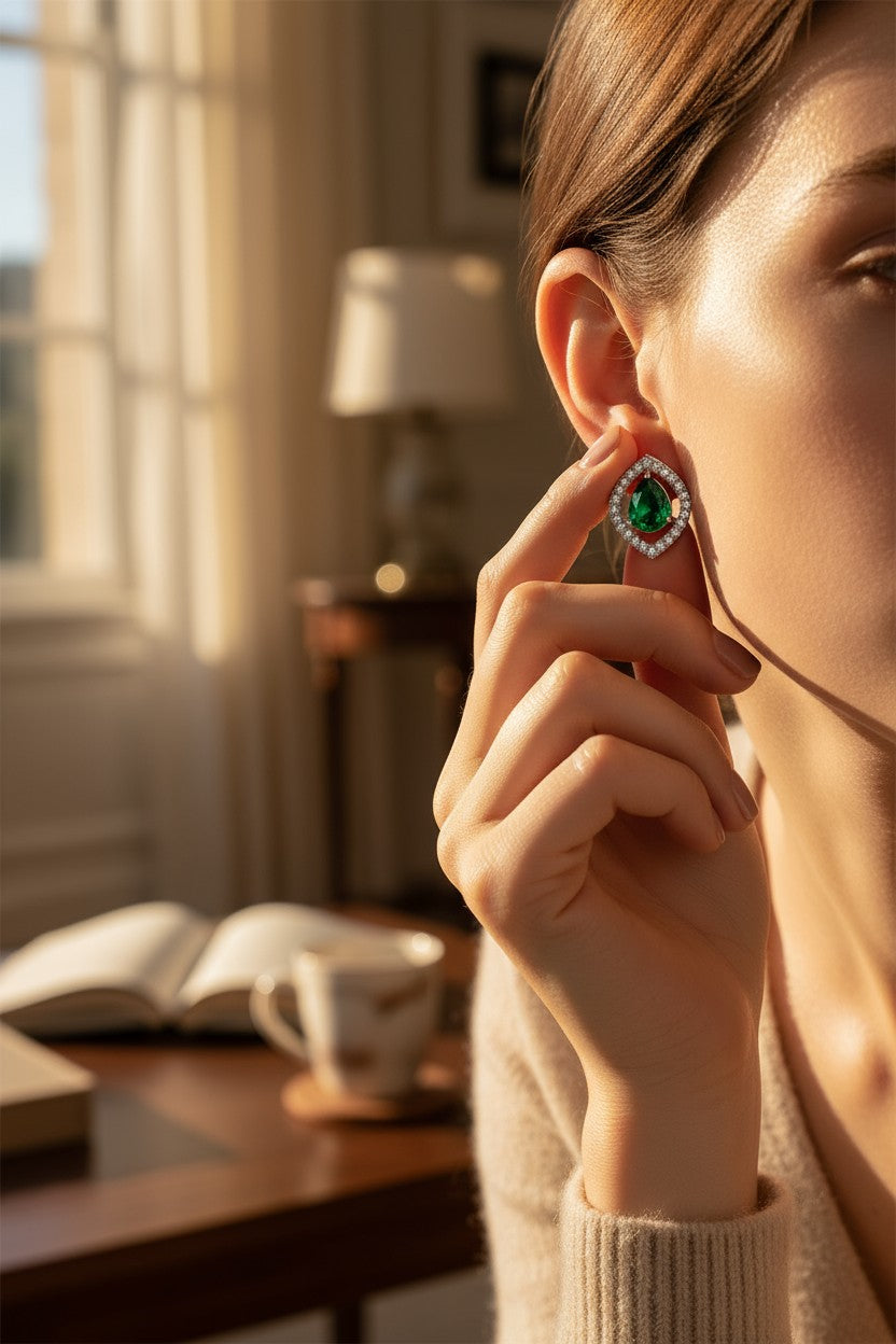 💚 Green Stone Diamond Teardrop Earrings