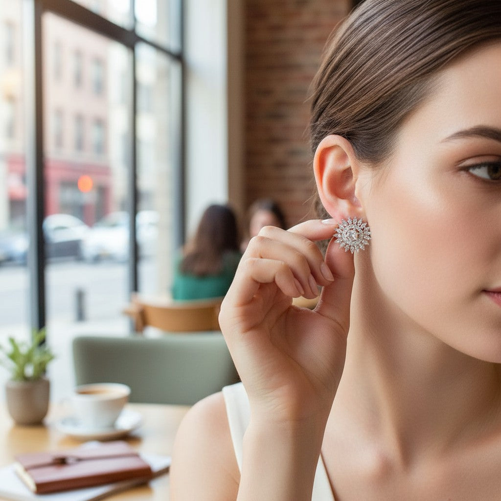 🤍 White Stone Diamond Floral Earrings