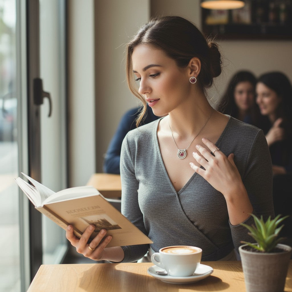 ❤️ Ruby Radiance Set ❤️!! Elegant Silver Jewelry Set with Ruby Red Round Gemstone Pendant Necklace and Matching Earrings