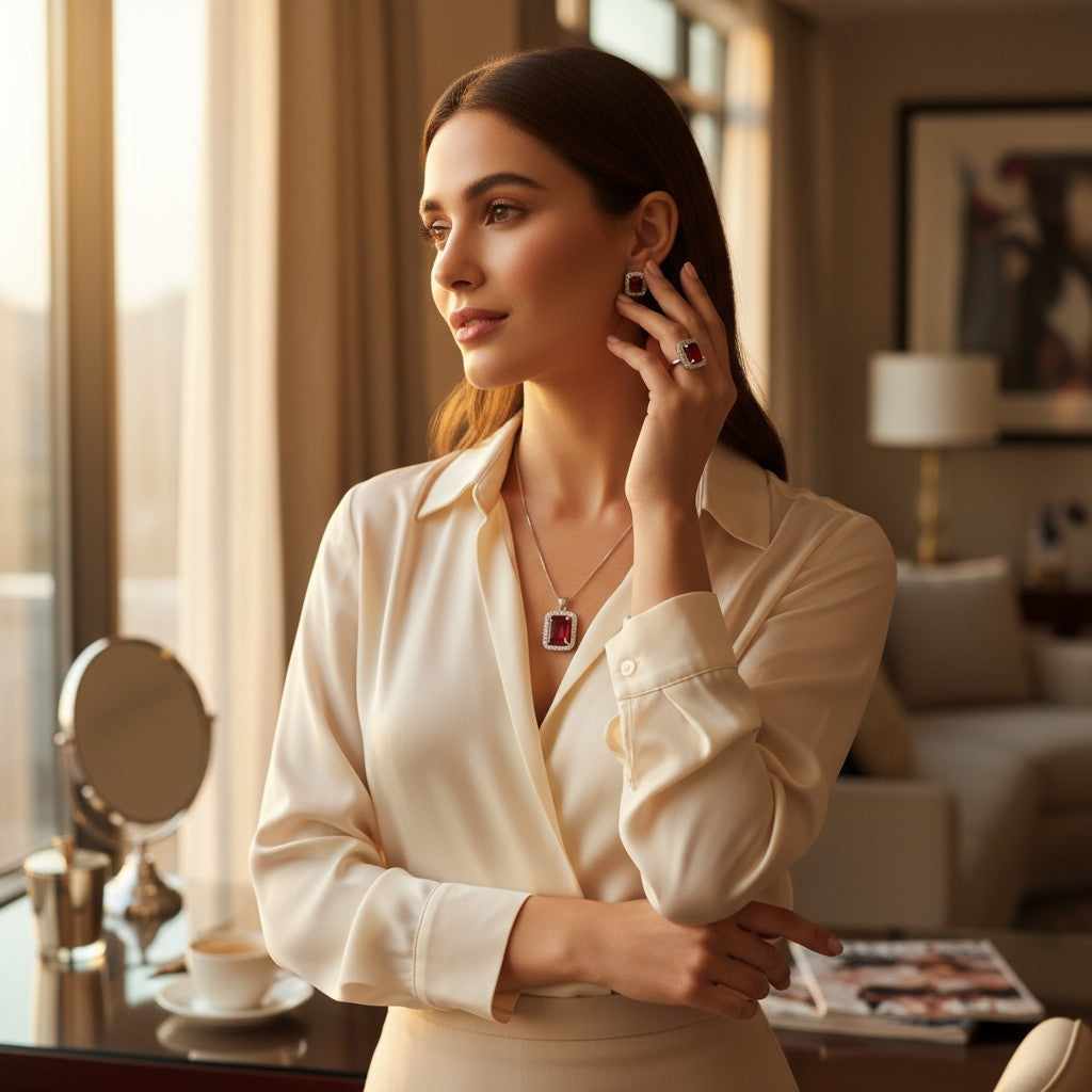 ❤️ Radiant Ruby Charm ❤️!! Elegant Silver Jewelry Set with Ruby Red Gemstone Pendant Necklace, Earrings, and Matching Ring