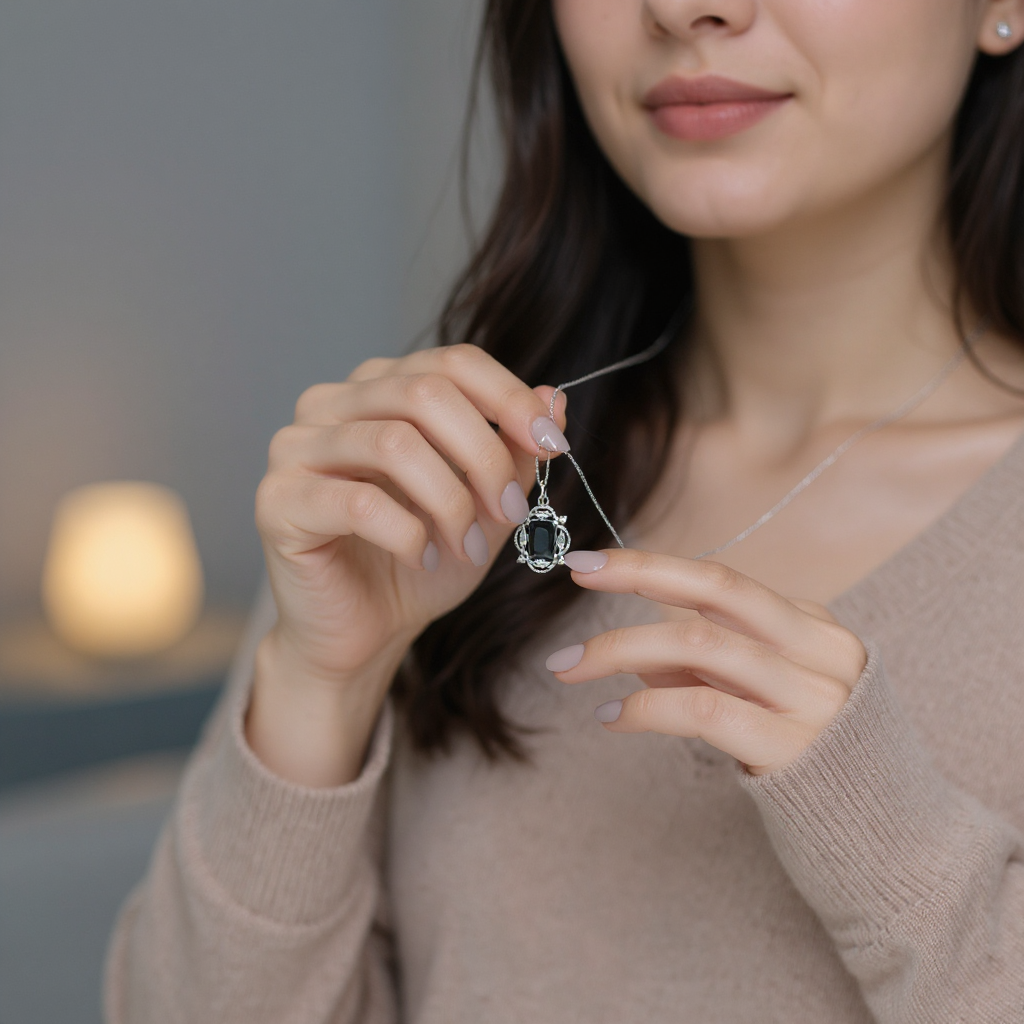 🖤 Midnight Elegance 🖤!! Elegant Silver Jewelry Set with Black Gemstone Pendant Necklace and Matching Earrings