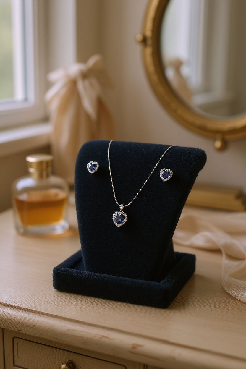 Sapphire Heart Shine Silver Pendant Set 💙