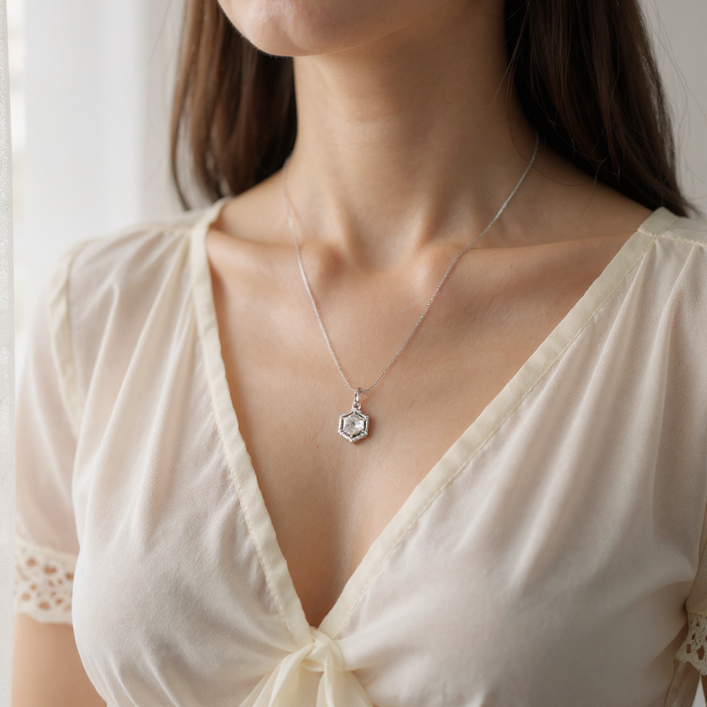 🤍 Crystal Charm Set 🤍!! Elegant Silver Jewelry Set with White Crystal Hexagon Gemstone Pendant Necklace and Matching Earrings