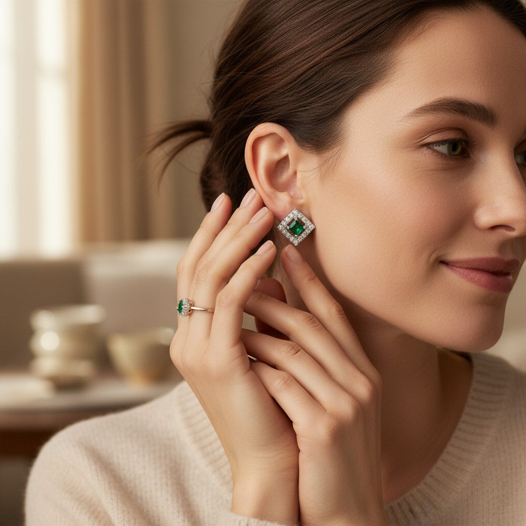 💚 Green Stone Diamond Stud Earrings