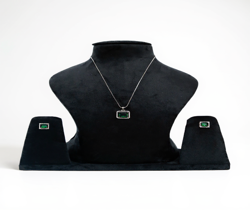 💚 Emerald Glow Set 💚!! Elegant Silver Jewelry Set with Square-Cut Emerald Green Gemstone Pendant Necklace and Matching Earrings