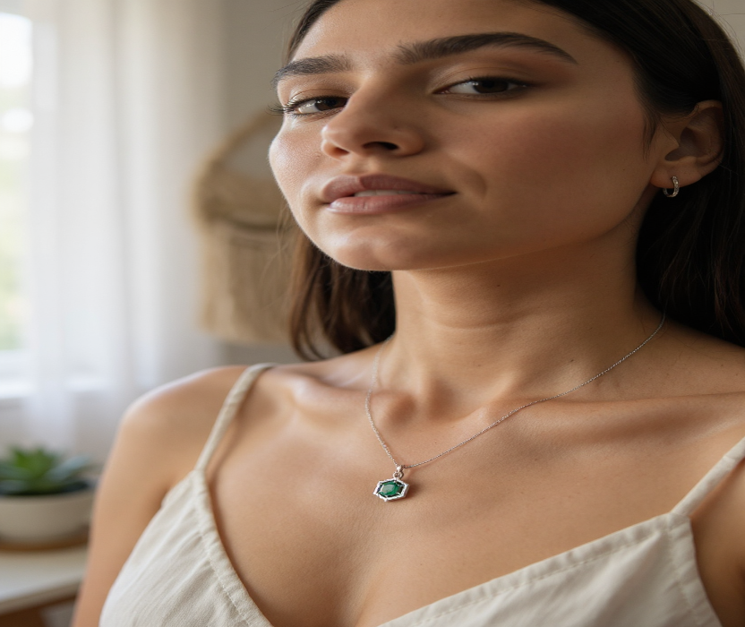 💚 Emerald Grace Set 💚!! Elegant Silver Jewelry Set with Emerald Green Hexagon Gemstone Pendant Necklace and Matching Earrings