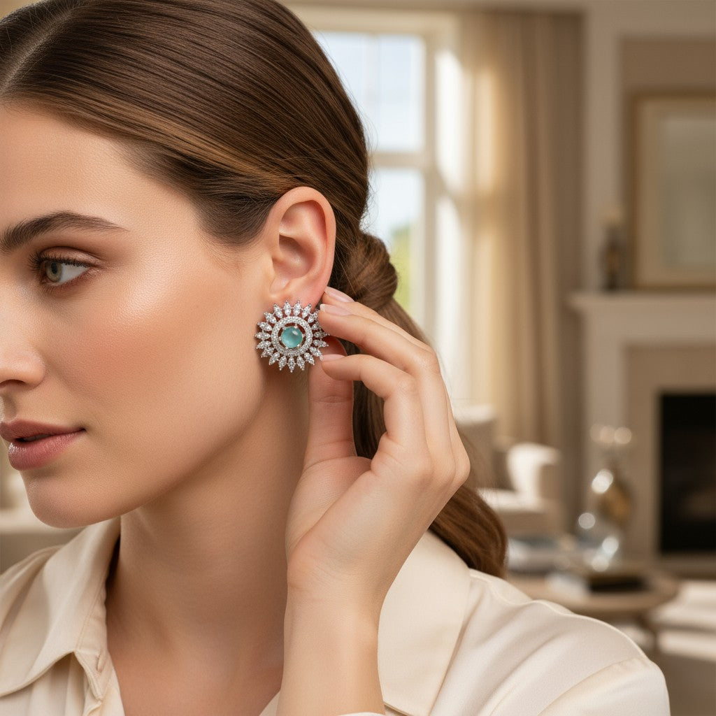 💙 Aqua Stone Diamond Floral Earrings