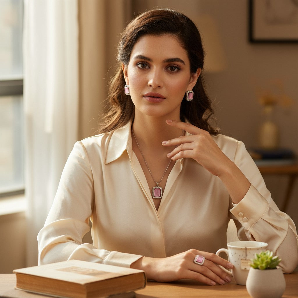 💖 Elegant Pink Perfection 💖!! Elegant Silver Jewelry Set with Pink Gemstone Pendant Necklace, Earrings, and Matching Ring