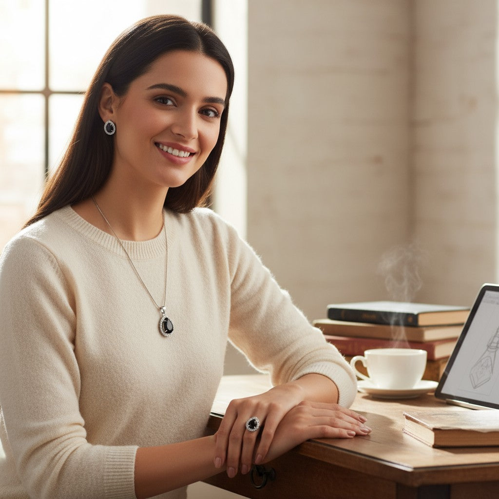 🖤 Classic Black Beauty 🖤!! Elegant Silver Jewelry Set with Black Gemstone Teardrop Pendant Necklace, Earrings, and Matching Ring
