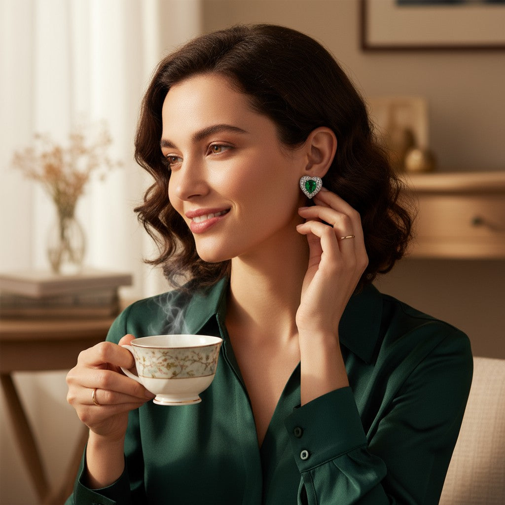 💚 Green Stone Heart Diamond Earrings