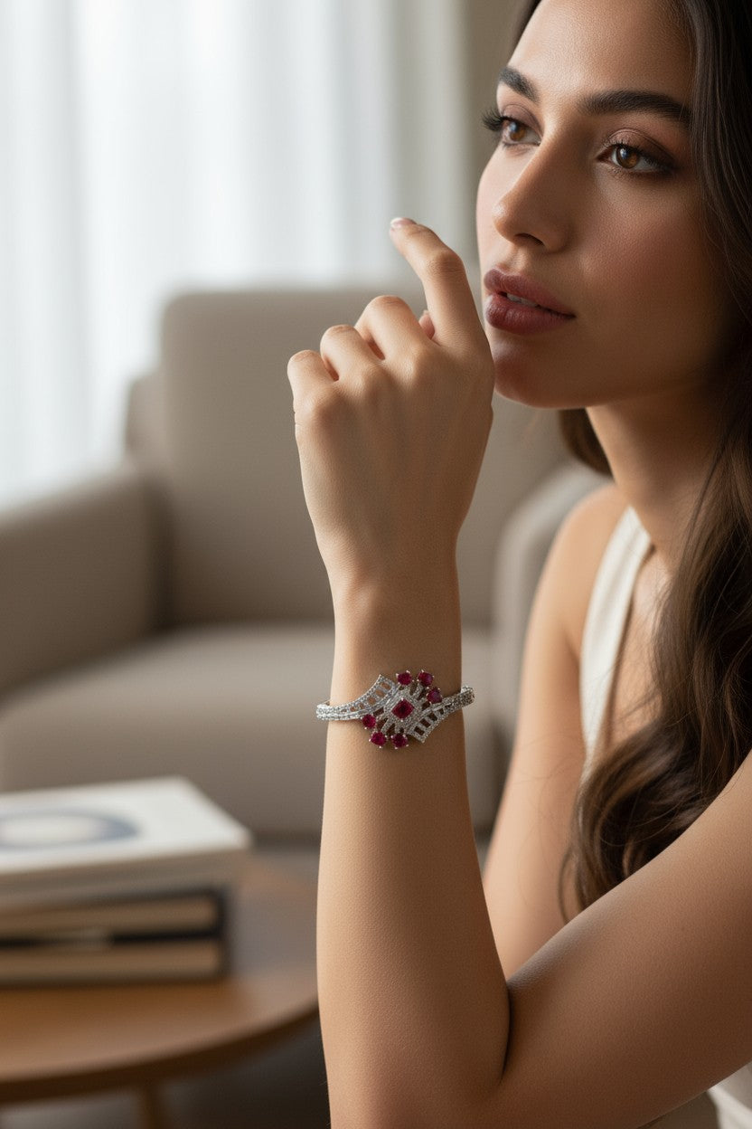✨ Vintage-Inspired Ruby Red ❤️ Stone Bracelet in Sterling Silver 💫