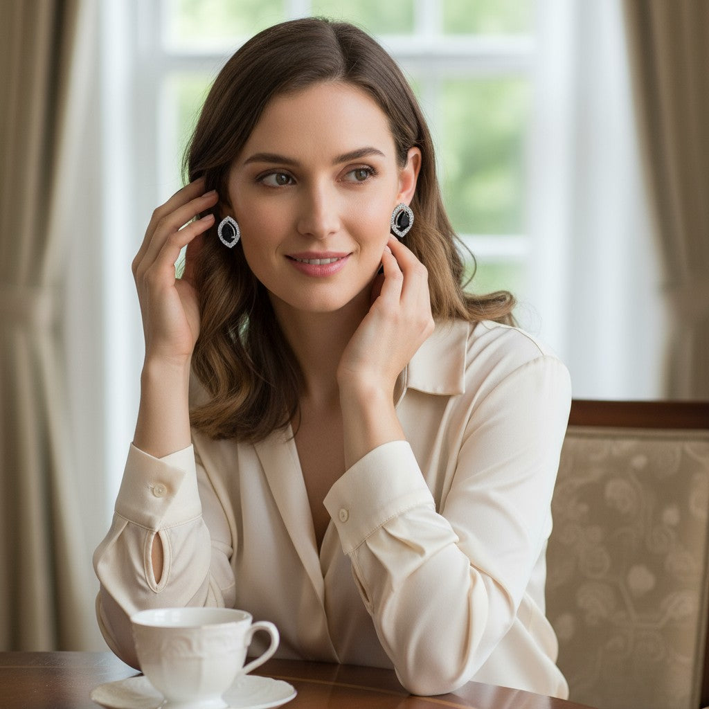 🖤 Black Stone Diamond Teardrop Earrings