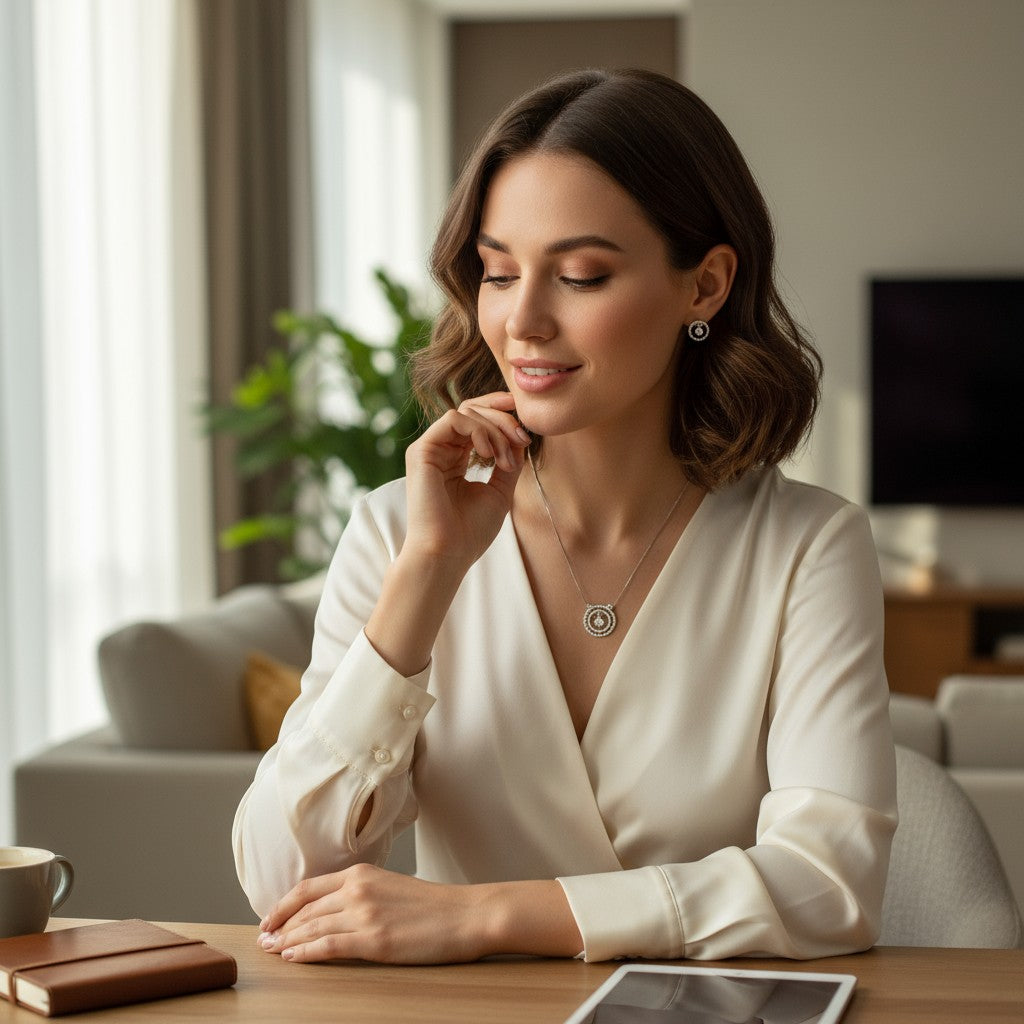 🤍 Crystal Elegance Set 🤍!! Elegant Silver Jewelry Set with White Crystal Round Gemstone Pendant Necklace and Matching Earrings