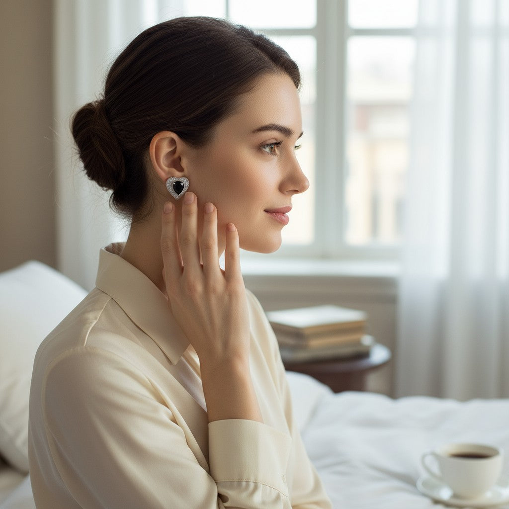 🖤 Black Stone Heart Diamond Earrings