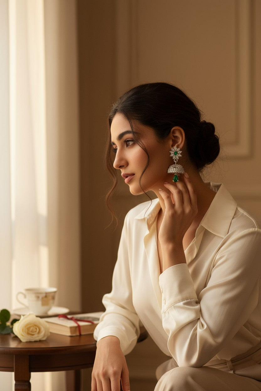 💚 Sparkling Green Stone Jhumka Earrings 💚