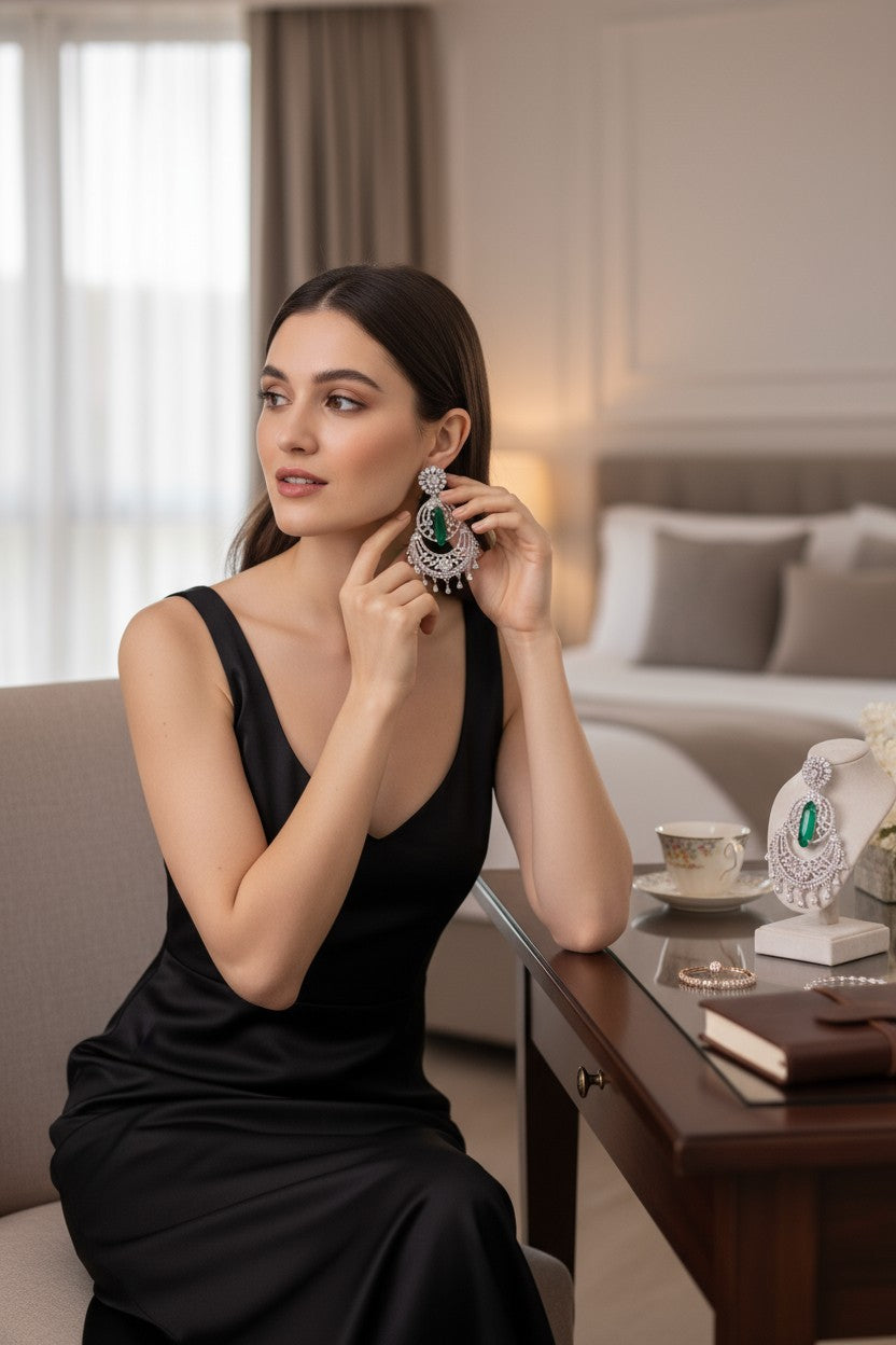 👑 Royal Green & Silver Statement Earrings 👑