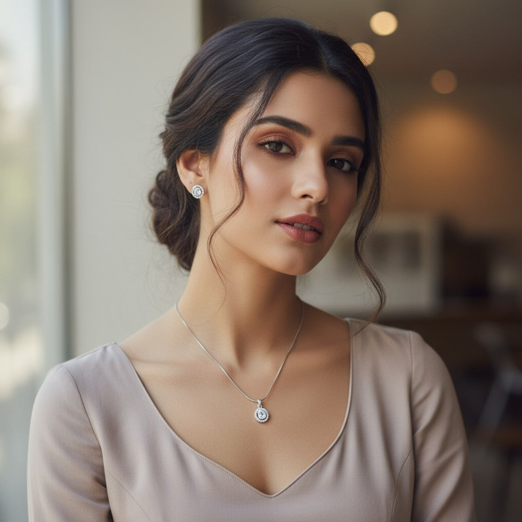 Sparkling White Diamond Silver Pendant Set 💎