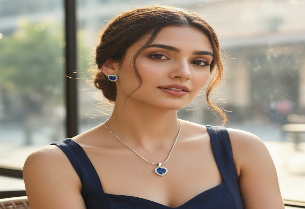 Sapphire Heart Shine Silver Pendant Set 💙
