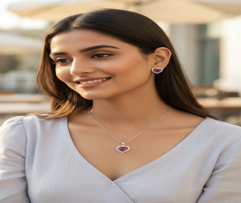 Ruby Heart Spark Silver Pendant Set ❤️