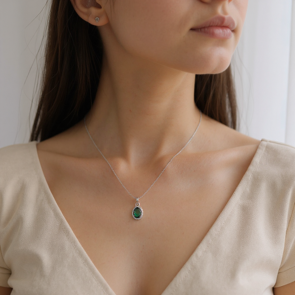 Emerald Glow Silver Pendant Set 💚