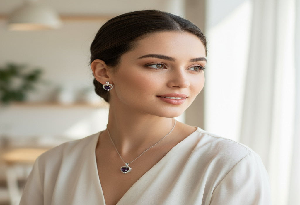 Amethyst Heart Spark Silver Pendant Set 💜