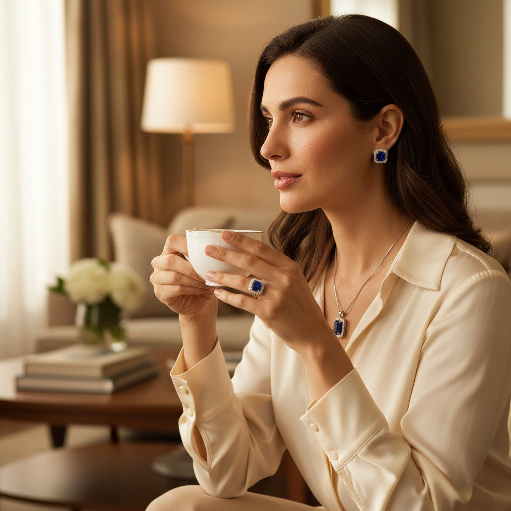 💙 Classic Blue Radiance 💙!! Elegant Silver Jewelry Set with Blue Gemstone Pendant Necklace, Earrings, and Matching Ring