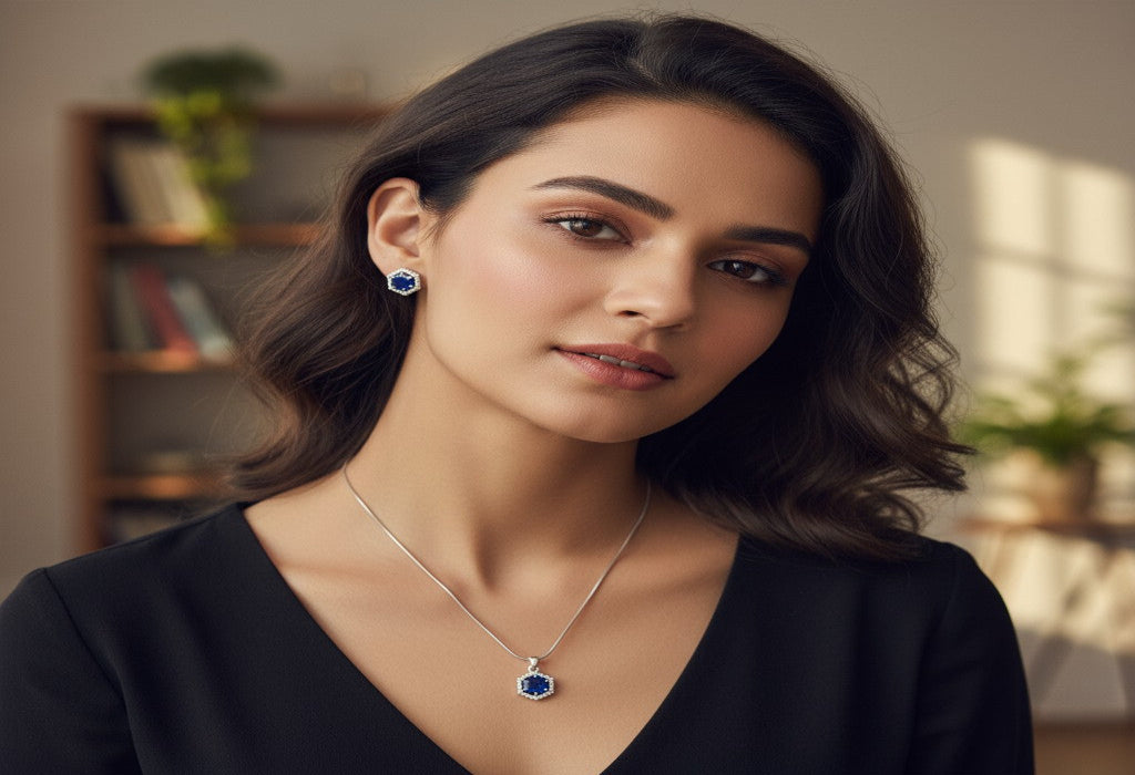 💙 Sapphire Sparkle Set 💙!! Elegant Silver Jewelry Set with Sapphire Blue Hexagon Gemstone Pendant Necklace and Matching Earrings