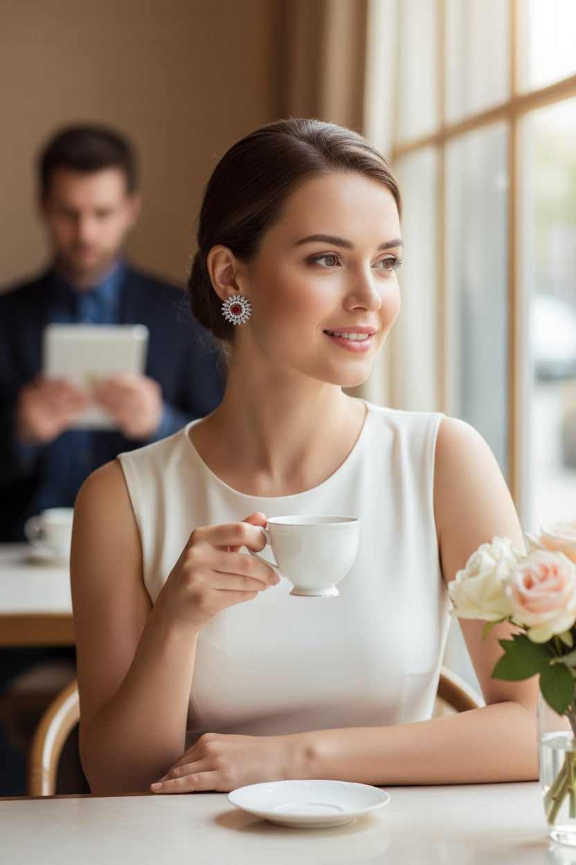❤️ Red Stone Diamond Floral Earrings