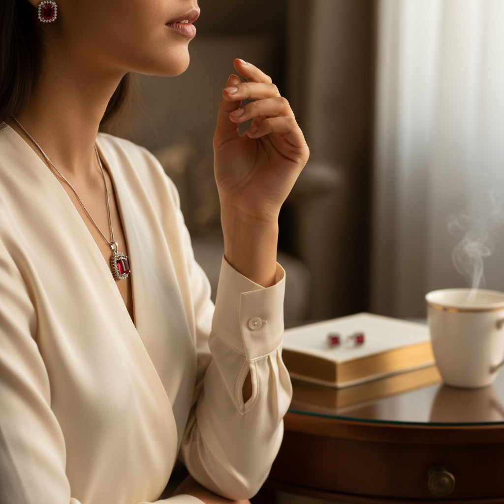 ❤️ Regal Ruby Glow ❤️!! Elegant Silver Jewelry Set with Ruby Gemstone Pendant Necklace and Matching Earrings