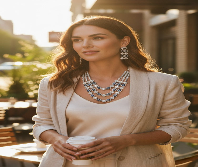 💙 Royal Blue Stone & Silver-Toned Necklace Set💎