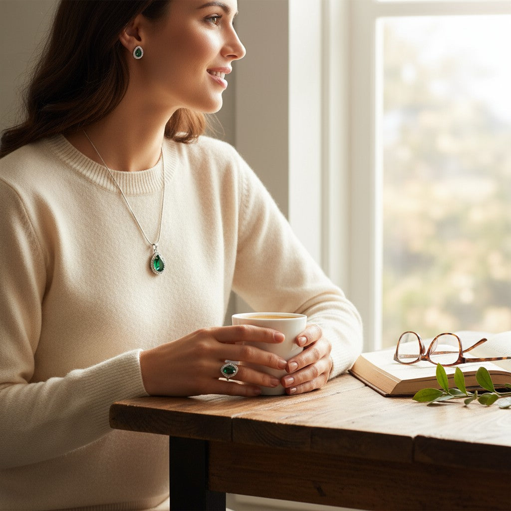 💚 Enchanting Emerald Glow 💚!! Elegant Silver Jewelry Set with Emerald Green Gemstone Teardrop Pendant Necklace, Earrings, and Matching Ring