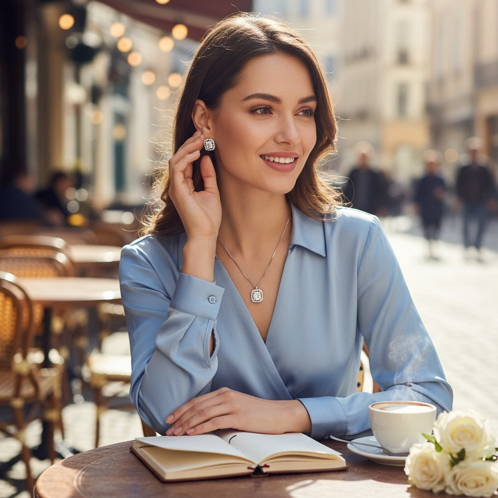 ✨ Timeless White Elegance ✨!!  Elegant Silver Jewelry Set with White Gemstone Pendant Necklace and Matching Earrings