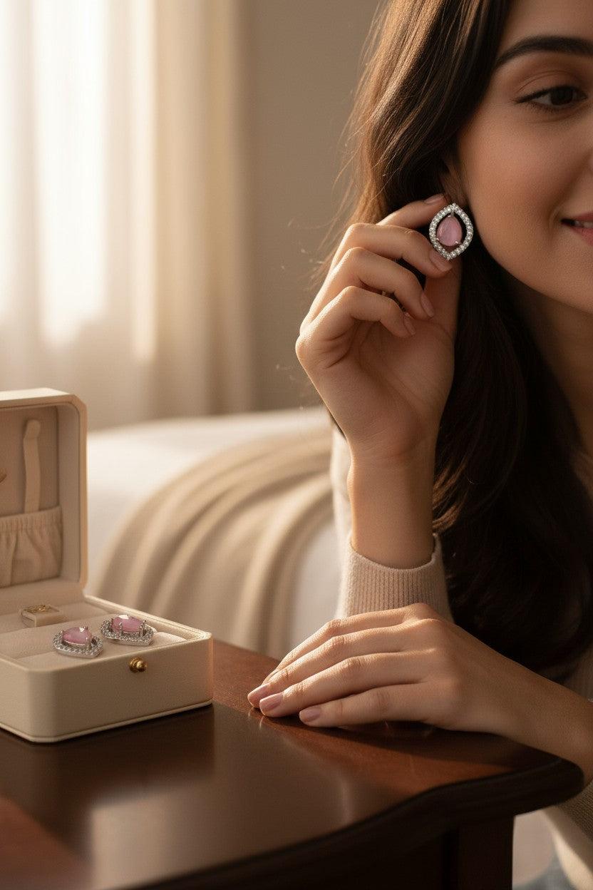 💗 Pink Stone Diamond Teardrop Earrings