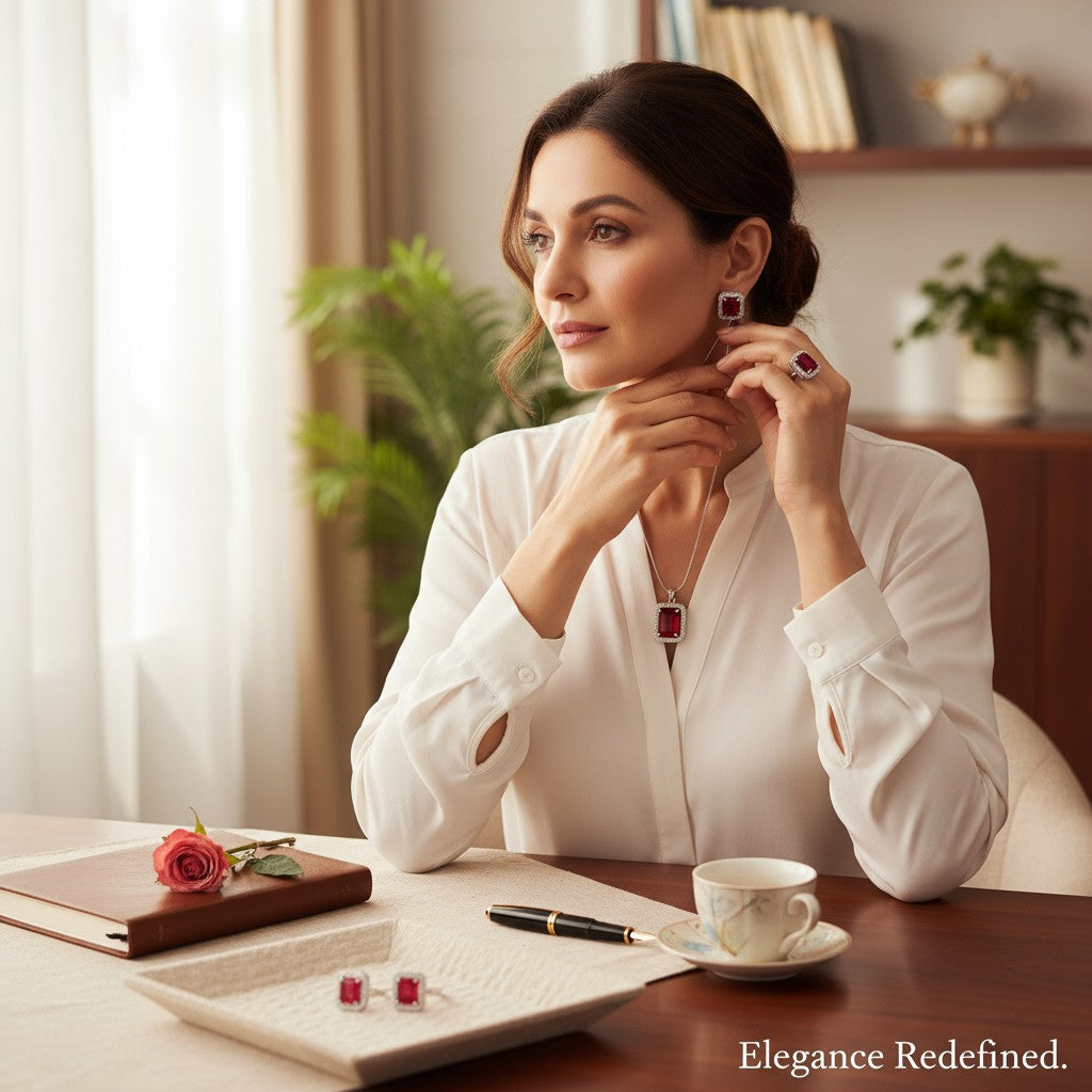 ❤️ Radiant Ruby Charm ❤️!! Elegant Silver Jewelry Set with Ruby Red Gemstone Pendant Necklace, Earrings, and Matching Ring