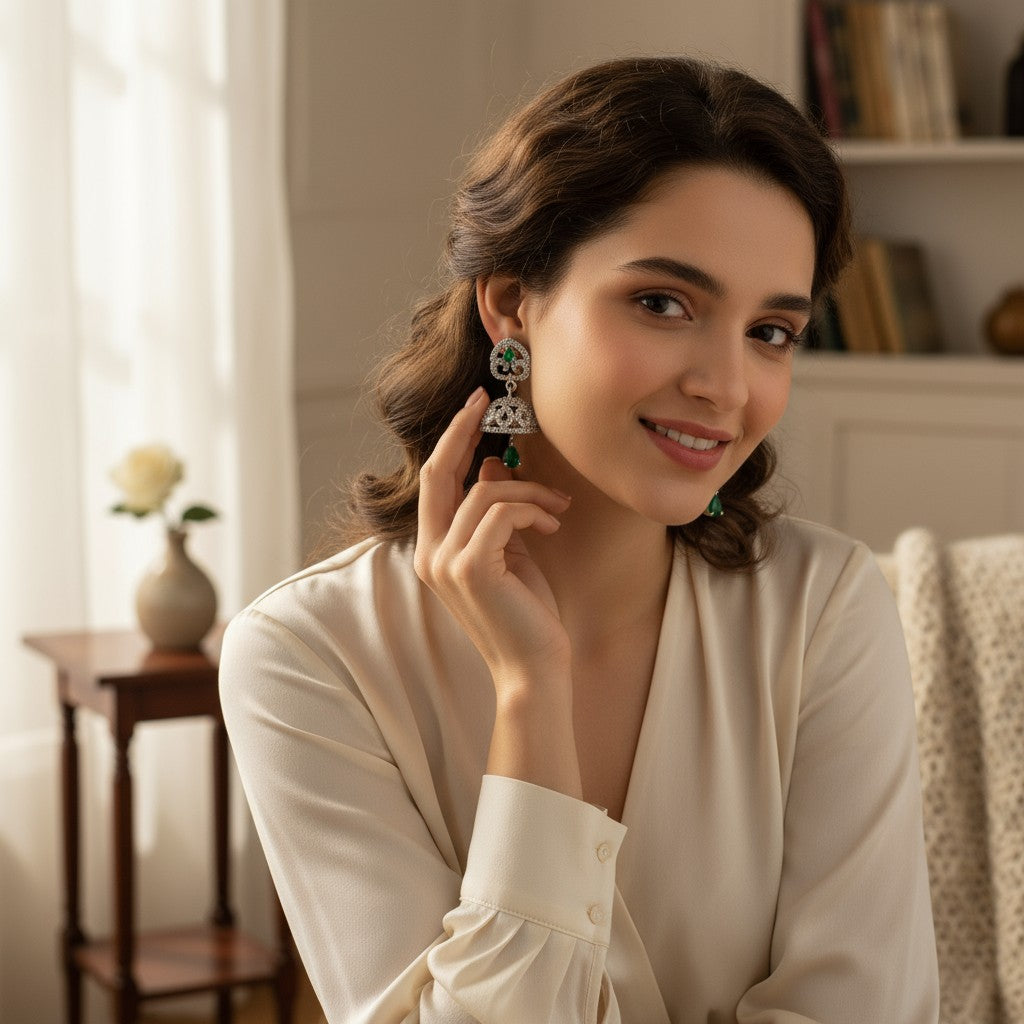 💚 Sparkling Green Stone Jhumka Earrings 💚