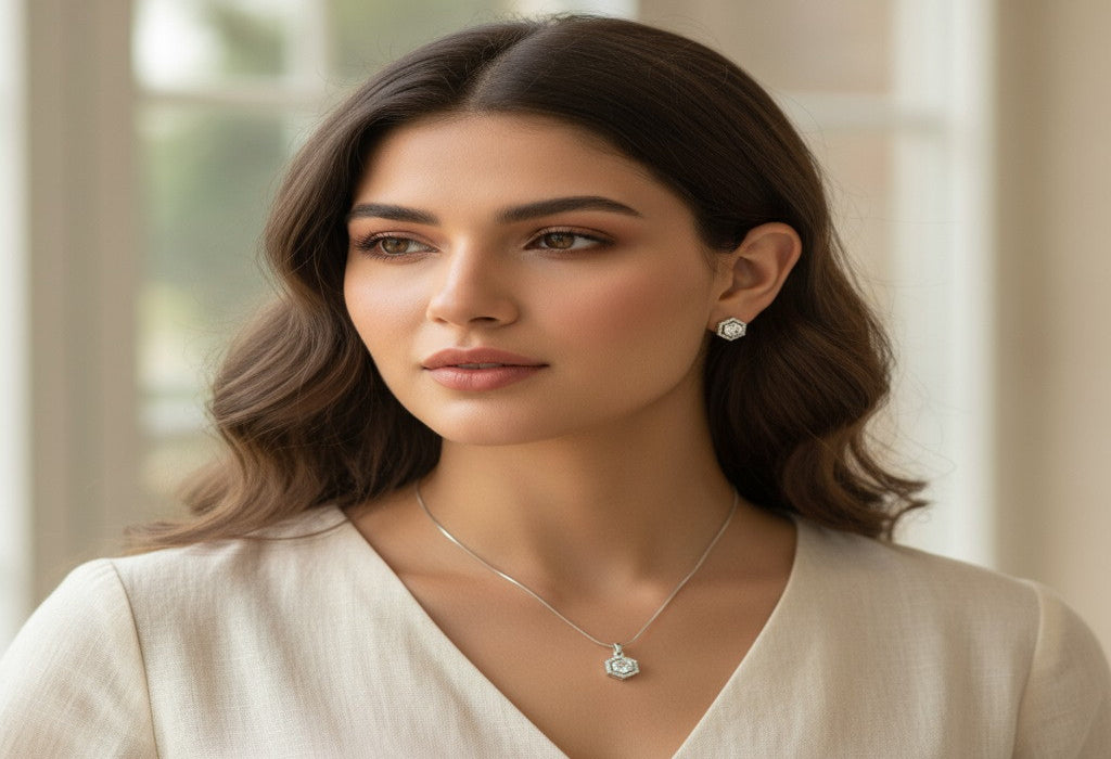 🤍 Crystal Charm Set 🤍!! Elegant Silver Jewelry Set with White Crystal Hexagon Gemstone Pendant Necklace and Matching Earrings