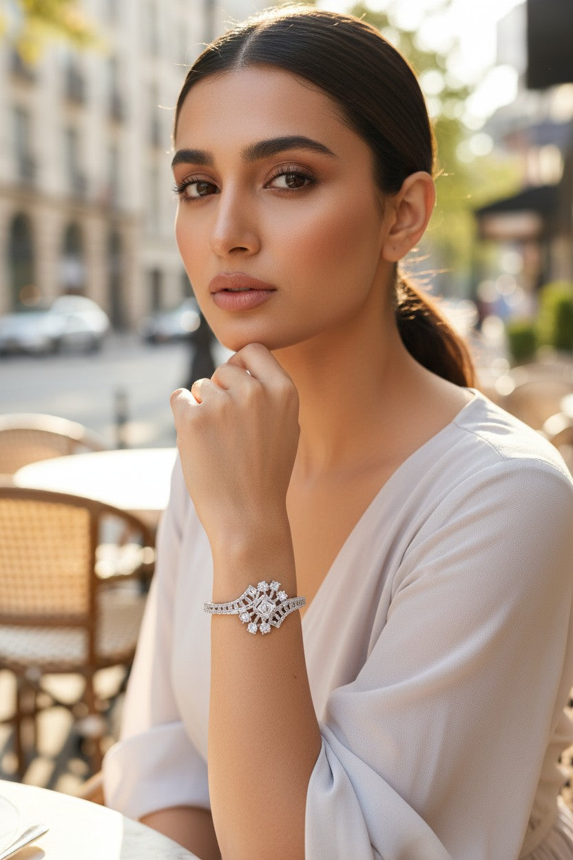 ✨ Vintage-Inspired White 🤍 Stone Bracelet in Sterling Silver 💫