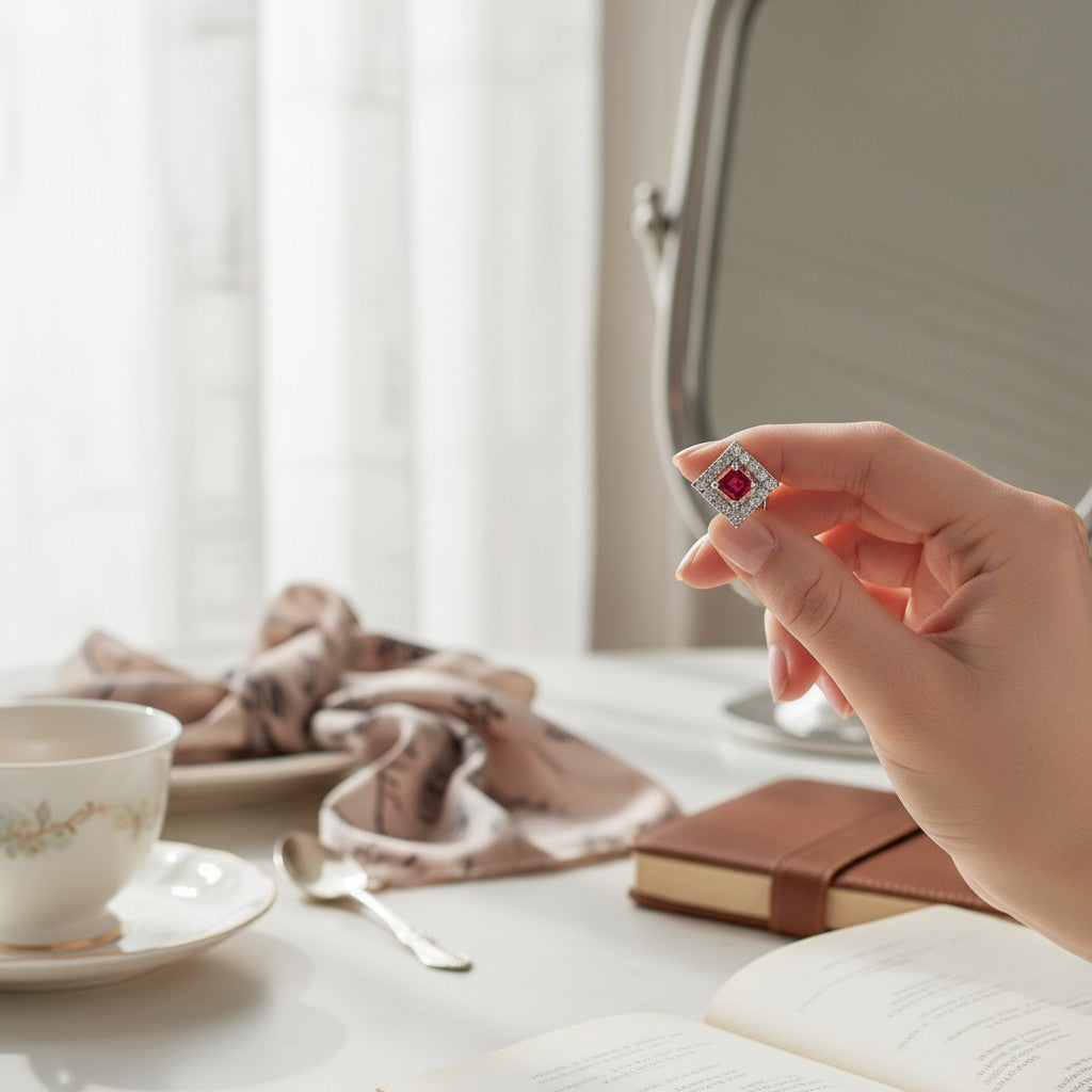 ❤️ Red Stone Diamond Stud Earrings